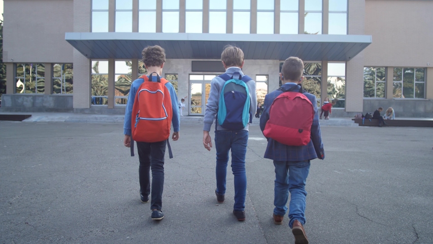 Back view of preadolescent boys classmates with school bags walking to school for lessons in the morning. Eementary school students near school building on the background | Shutterstock HD Video #1044044281