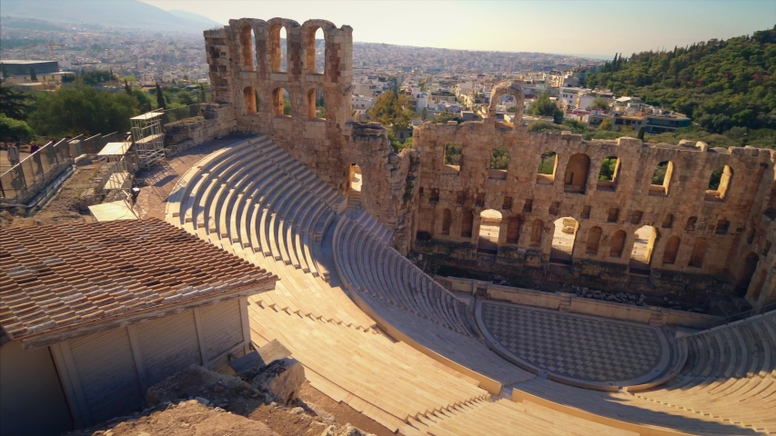 Theatre of Dionysus below the Acropolis in Athens, Greece is considered to be the worlds first theater aka Odeon of Herodes Atticus
