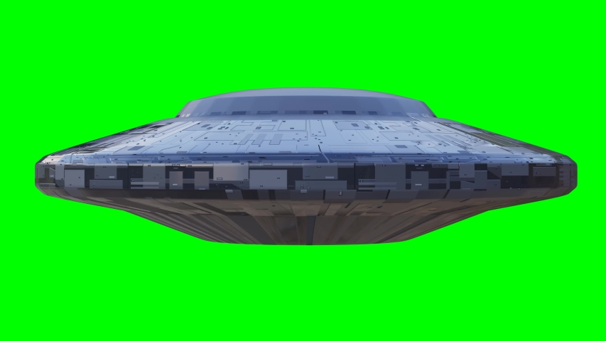UFO, rotating spacecraft with extraterrestrial visitors, alien flying saucer isolated on green screen background, 4k loop