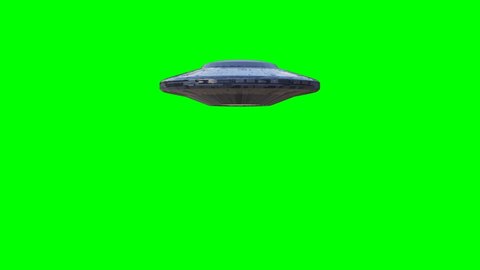 UFO fly by, rotating spaceship with extraterrestrial visitors, alien flying saucer isolated on green screen background, 4k loop 