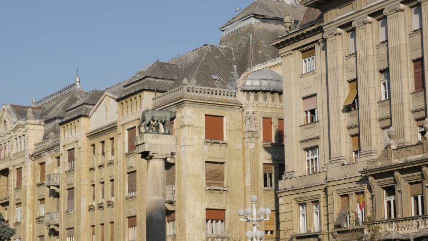 Town center and sculpture  of Statuia Lupoaicei in Romanian city of Timisoara 4K video
