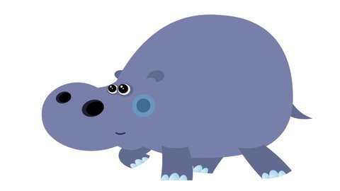 Cartoon hippopotamus flat design children animation walking cycle. Alpha channel included. Cute 2d hand made African blue grey animal character animation good for any use. 