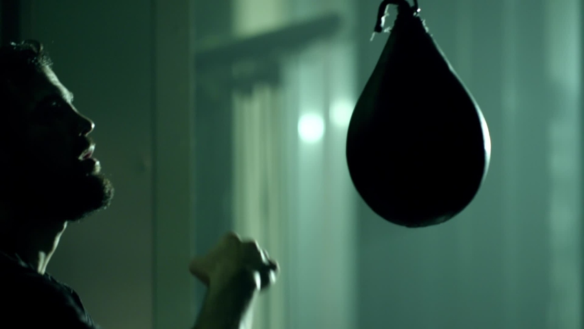 Young professional boxer boxing speed punching bag . Side view of young boxer practicing hand speed drill in slow motion using small punching bag in boxing gym .  Sportsman boxing in smoky studio . Royalty-Free Stock Footage #1044062791