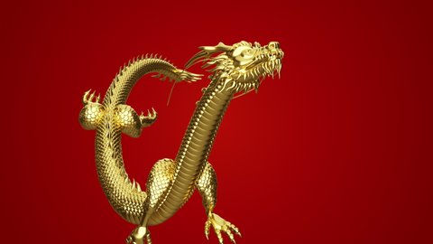 Animated traditional Chinese golden dragon isolated on red background. 4K, Ultra HD resolution.