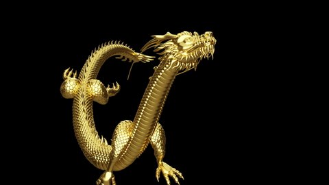 Animated traditional Chinese golden dragon isolated on black background. 4K, Ultra HD resolution. Alpha channel included.