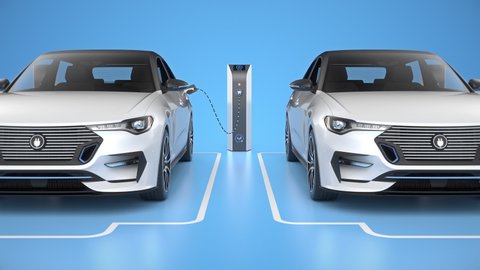 Row of white generic electric self driving cars charging on blue background. Seamless looping top view. Alternative energy and ecology concept. Realistic high quality 3d animation.