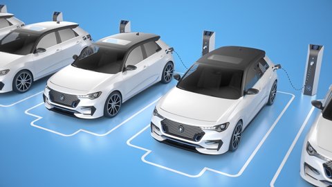 Row of white generic electric self driving cars charging on blue background. Seamless looping front view. Alternative energy and ecology concept. Realistic high quality 3d animation.