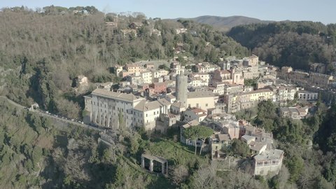 aerial view of the medieval town of Nemi with the homonymous lake. Rome Latium Italy. video not edited. color dlog-m.