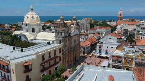 Aerial Drone Shot of Cartagena de Indias, cityscape in old city, historic district.  Colombia, South America