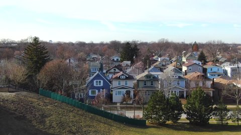 Oak Park, Illinois/United States - December 17, 2019: This is an aerial shot single family homes in an Oak Park neighborhood. Oak Park is a village adjacent to the West Side of Chicago, Illinois.  Oak
