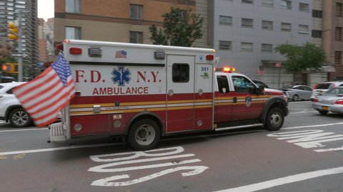 NYC, USA on June 24th: FDNY Ambulance on June 24th, 2019 in New York City, USA. The NYC fire department is the largest municipal fire department in the USA.