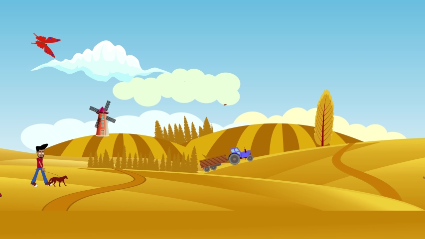 People in countryside, rural landscape 2d animation