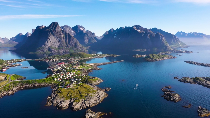 aerial view. flight over the sea,view on Reine and Hamnoya village ,Lofoten Islands,Norway.Camera move up Royalty-Free Stock Footage #1044086959