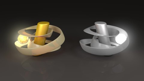 3D animation of two lamps made of Mobius tape and a glowing ball that moves between the spirals. 4K animation.