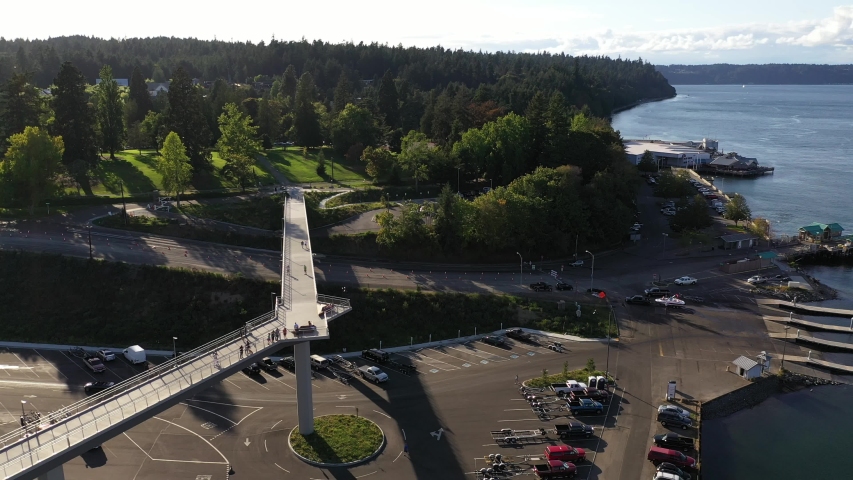 Drone footage of Ruston place, new development and waterfront park in Tacoma, Washington near Point Defiance