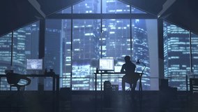 Silhouette of a web developer on the background of evening skyscrapers
