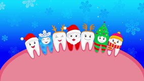 happy cute cartoon tooth. snowflake, Santa Claus, Xmas tree, deer, snowman. Dental care for celebrate Christmas. Animation.