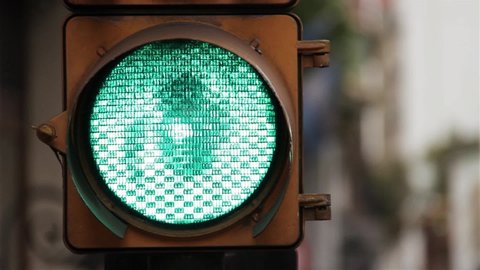 A Green Traffic Light in the City of Buenos Aires, Argentina. Close-Up. 