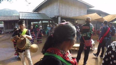 Dancing in the Lahu New Year Festival 8/12/2019 at Rom Klao Song Village, Khiri Rat Subdistrict, Phop Phra District, Tak Province, Thailand