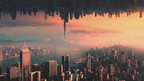 AERIAL. Abstract futuristic concept video of two huge city opposite each other in the sky and epic sunset.