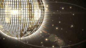 Animation of New Year Eve celebrations with gold confetti falling and disco ball spinning on black background - Powered by Shutterstock - Get 15% off with code: PIKWIZARD15