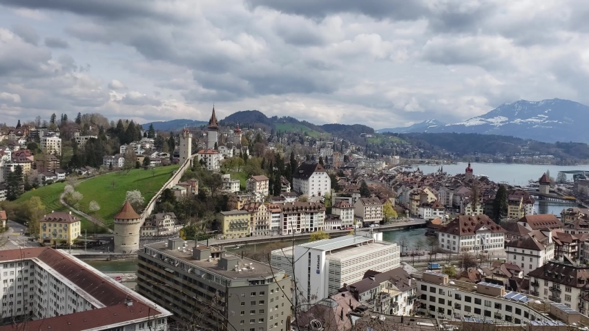 Lucerne, Switzerland - April, 2019 - Wide shot of the Lucerne city walls (Museggmauer).