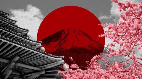 Room to put your text. Collage Japanese travel blog poster. Stop motion staccato animation of the Japan flag, mountain Fuji, Japanese Temple, and Sakura blossoms in the background. 