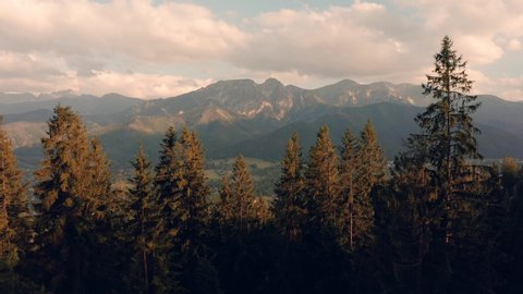 
Drone flight over a beautiful mountain forest at sunset. Aerial view of a beautiful mountain landscape with forest and mountains. Mountain village in (Zakopany) Taktansky reserve in Poland.