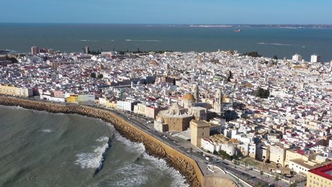 Beautiful aerial view of Cadiz sunny day cathedral and old old neighbourhoods Spain