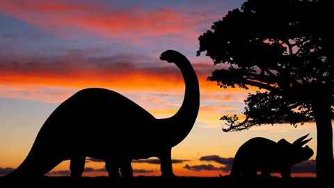Jurassic Landscape with Dark Silhouette of Dinosaurs, Time Lapse at Twilight, Prehistoric Concept