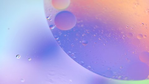 Oil drop in water macro. Neon purple pink ultraviolet and blue gradient. Holographic bubbles