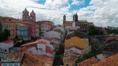 Aerial view of Pelourinho, Ancient mansions, ruins, historical center of Bahia, Brazil, Carnival place in Salvador city, Bahia, Brazil.