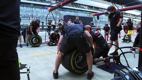 SOCHI, RUSSIA - 28 September 2019: Red Bull Racing Team of Max Verstappen during Pit Stop Training at Formula 1 Grand Prix of Russia 2019