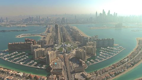Aerial view to city from the Palm Jumeirah island in Dubai, UAE