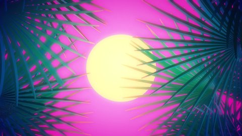 Sun behind animated palm leaves. Tropical animated background. Palms on the beach. Video Stok