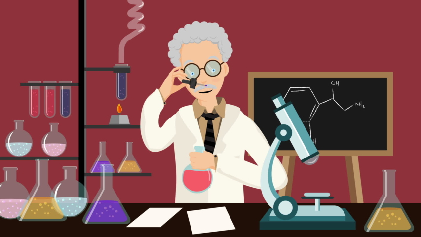 This video shows a cartoon funny scientist in his laboratory