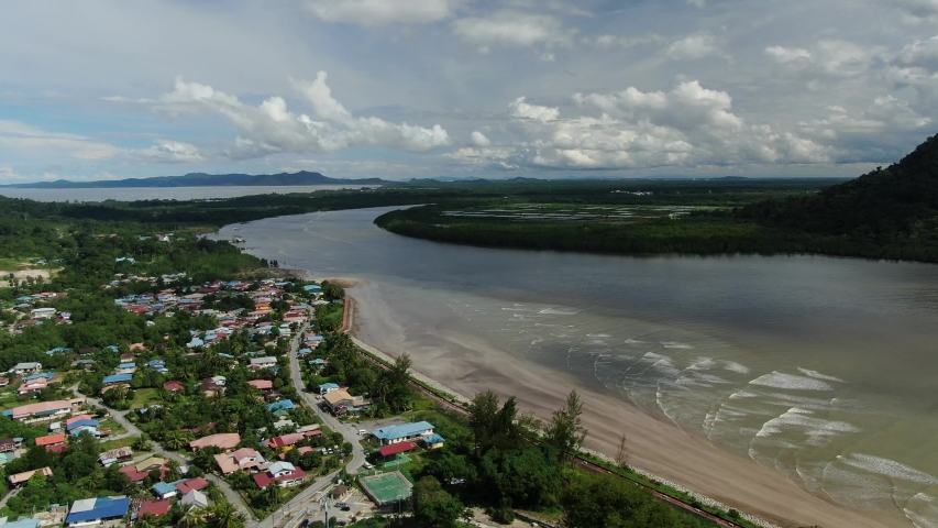 The Scenic Santubong Village, beaches and coastal view of Santubong area, Sarawak state of Borneo; with the mighty Mount Santubong as the background