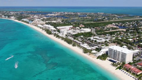 Aerial footage of famous Seven Mile Beach, Grand Cayman, Cayman Islands
