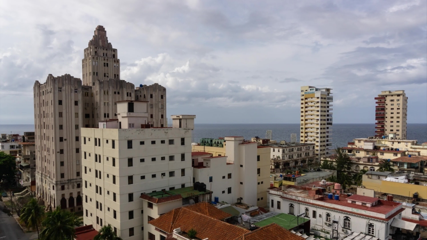 Beautiful Aerial Time Lapse view of the Havana City, Capital of Cuba, during a vibrant cloudy day.