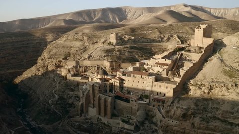 Mar Saba monastery in the southern mountains of Israel, 4k aerial drone view