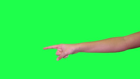 hand of young girl pointing  straight over green screen