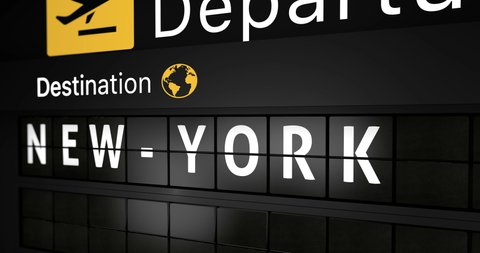 3D generated animation, analog flight information display board with the arrival city of New York, 4 different animations