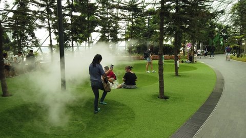 Singapore - Aug 8, 2019: funny kids at Foggy Bowls, a simple playground features bowl-shaped platforms with artificial lawn which release mists in Canopy Park at Jewel Changi Airport Singapore.
