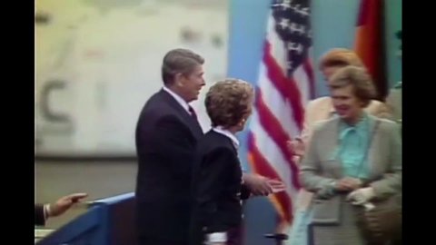 CIRCA 1980s - Ronald and Nancy Reagan walk to the podium for President Reagan's speech at the Brandenburg Gate, Berlin, 1987