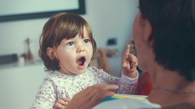 Portrait of cute little one year old girl reading playing learning and looking at a book on the lap of her mother at home. Shot in 6k, cine lens. Instagram style. - Powered by Shutterstock - Get 15% off with code: PIKWIZARD15
