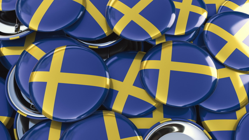 Looping 4K 3D animation panning over country flag badges pins buttons: Sweden