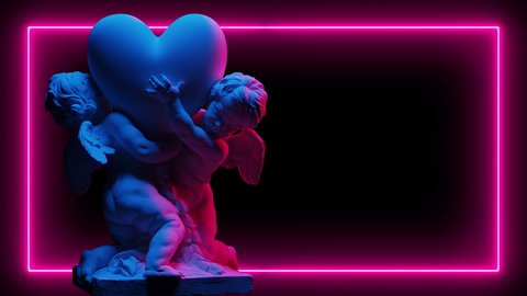 Sculpture Of Two Cupids Hold A Big Heart In Neon light On A Dark Background. 3d Modeled And Animatet Video. Abstract Background For Love Theme. Valentines Day background. Seamless Loop