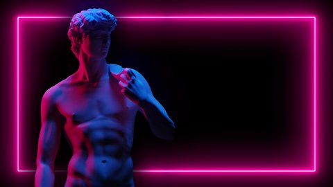 Renaissance Sculpture Of David By Michelangelo With Neon Frame On A Dark Background. Neon lights. 3d Modeled And Animatet Video. Double exposure. Mid Shot. Seamless Loop