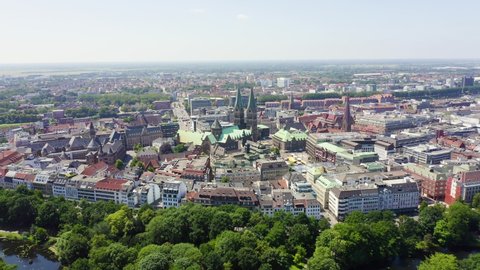 Bremen, Germany. The historic part of Bremen, the old town. Bremen Cathedral ( St. Petri Dom Bremen ). View in flight, Aerial View, Point of interest