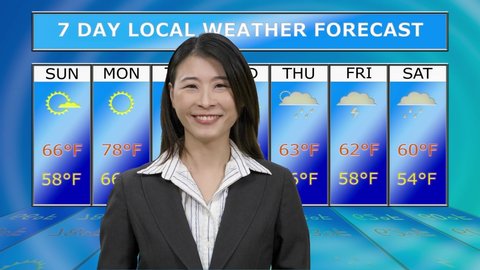 Asian American female weather reporter reporting from studio with background chart, original design elements